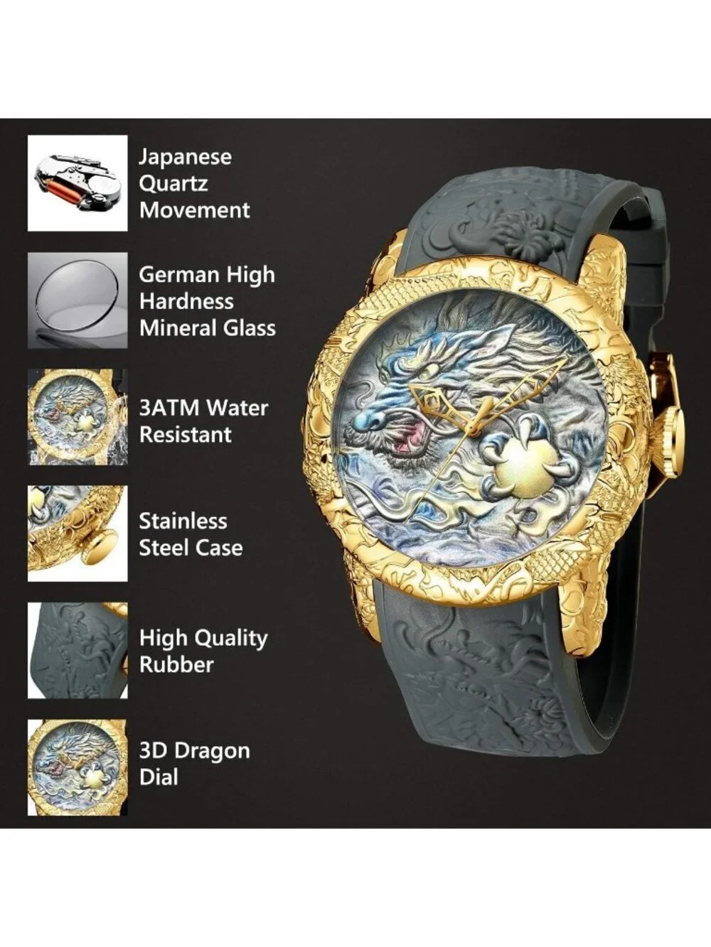 Men's Grey Fashion Analog Quartz Big Dial 3D Sculpture Dragon Luxury Wrist Watch